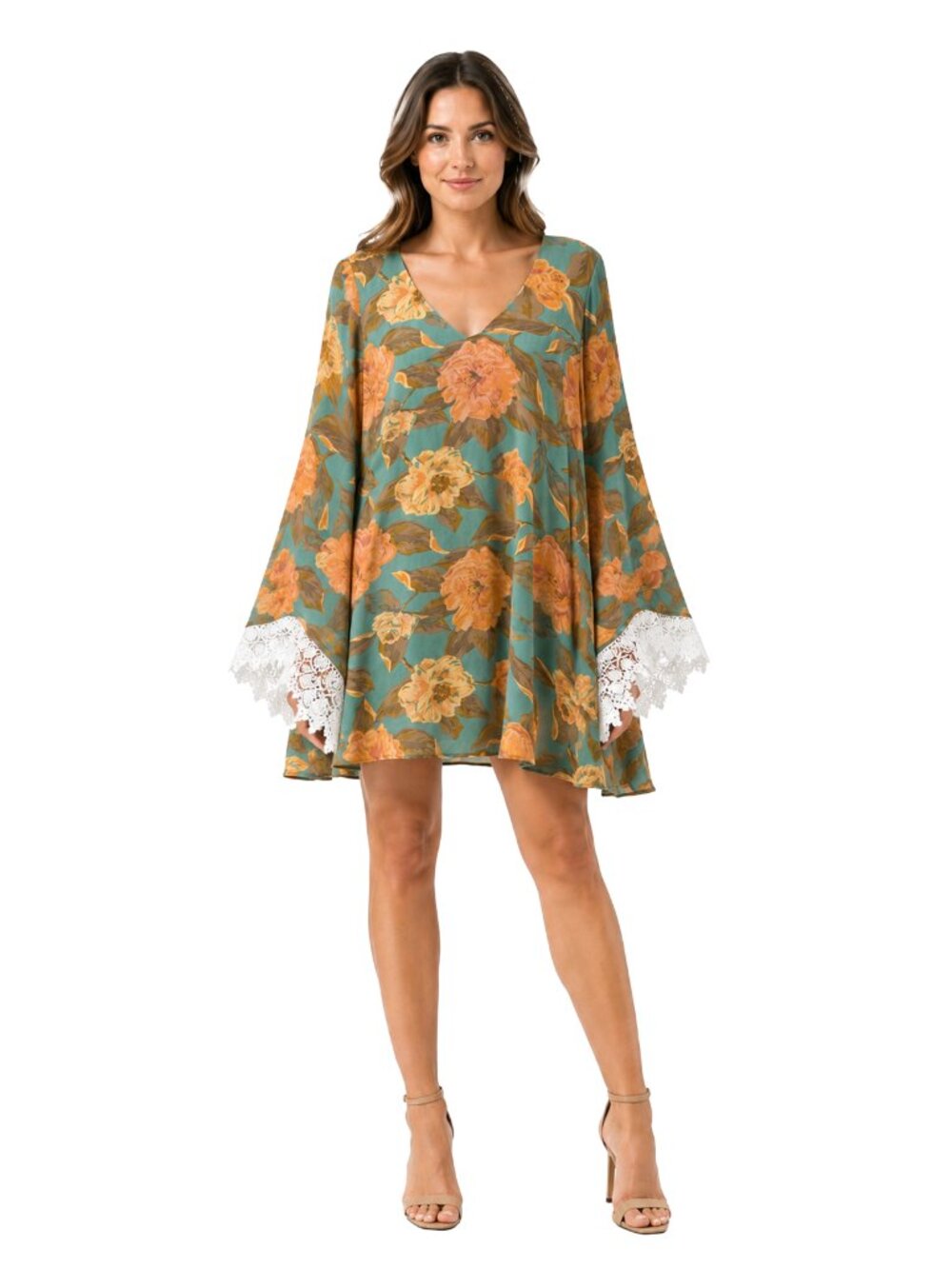 Show Me Your Mumu USA Floral Boho Tunic Dress Lace Cuffs Large Vintage